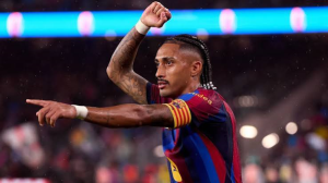 Raphinha continued his remarkable start to the season with a hat-trick as Barcelona put seven past Racing Santander to maintain their perfect record in La Liga.